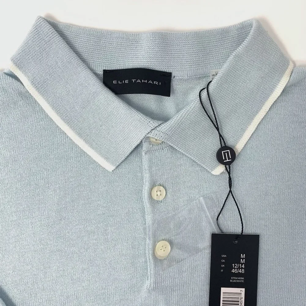 Elie Tahari  Men's Pullover Short Sleeve Blue/White Collared Knit Sweater Size M